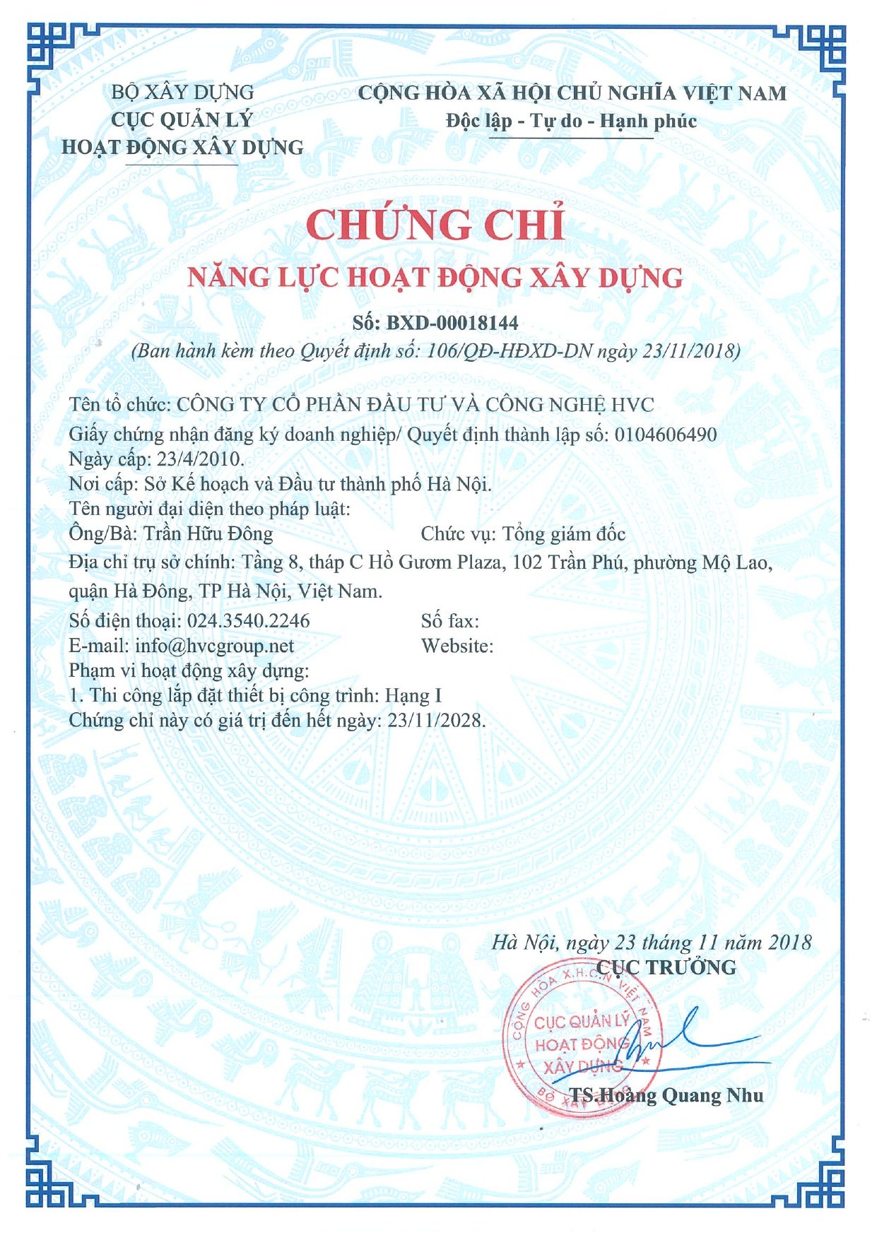 Chứng chỉ năng lực hoạt động xây dựng lĩnh vực thi công lắp đặt thiết bị công trình